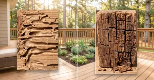 Split-screen comparison of termite-damaged wood (left) and dry rot (right)